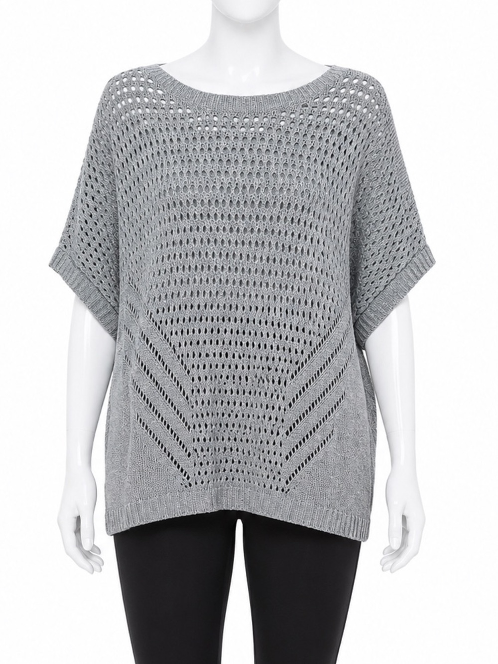 Purejill Gray Open Knit Sweater Top Size M Short Sleeve Cotton Blend Pullover